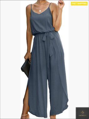 Spaghetti Strap Wide Leg Jumpsuit Loose Fit Romper V-Neck Belted Summer Chic